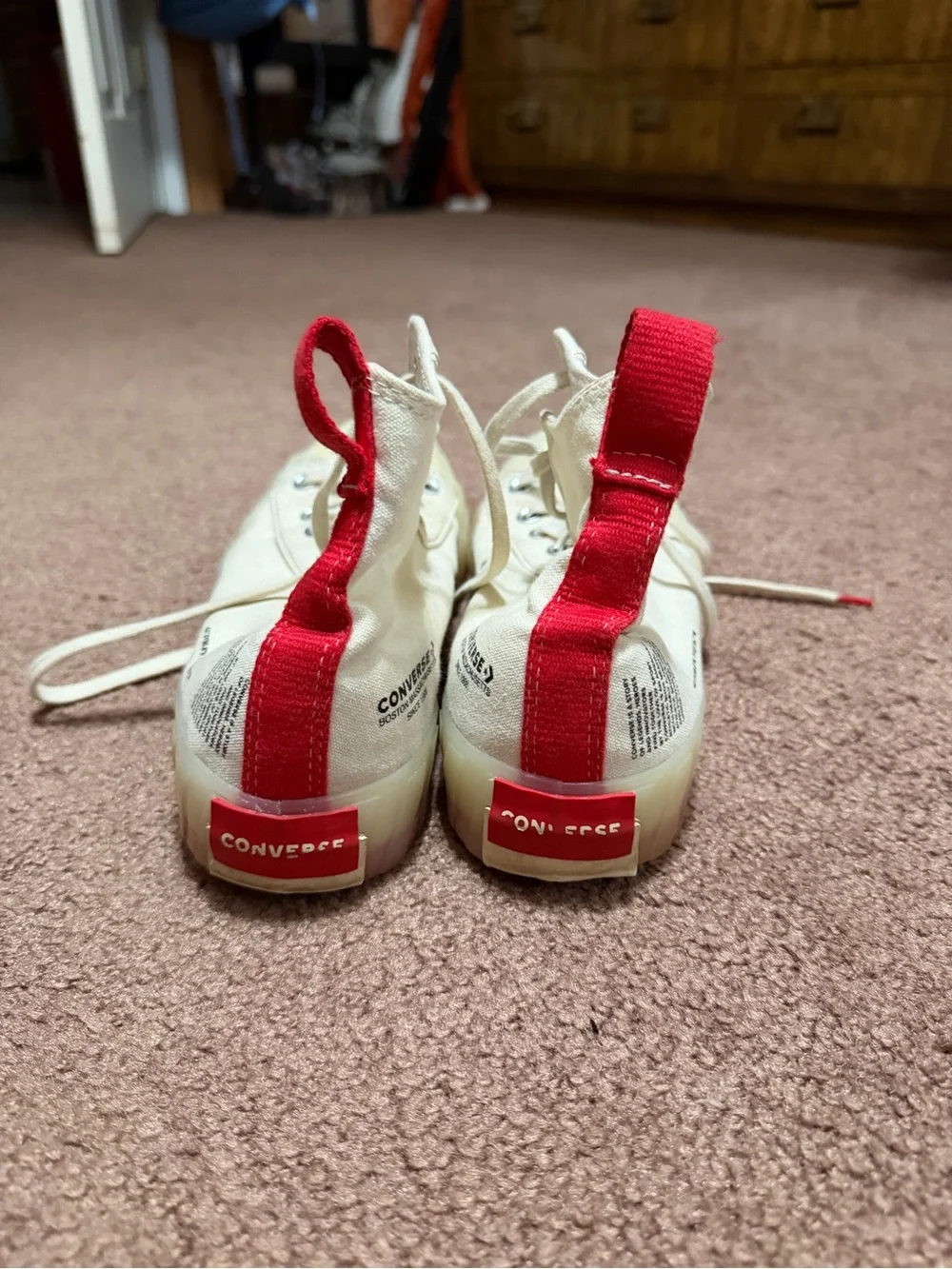 Converse High-Top Platform Sneakers in Cream with Red Heel Tab